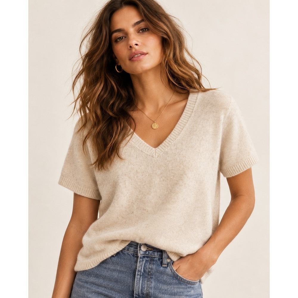Stitches & Stripes Womens V Neck Sweater Tee Off-White XL NWT
